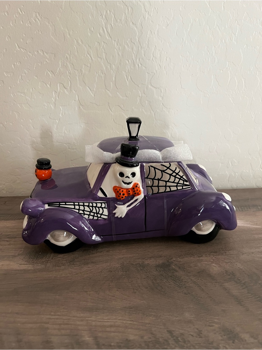 Purple Hurst Halloween Skeleton Driving Car Ceramic Cookie Jar